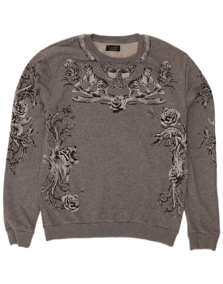 Zara Mens Graphic Sweatshirt Jumper Medium Grey Floral Cotton