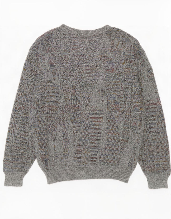 vintage Mens Crew Neck Jumper Pull Petit Gris Géométrique