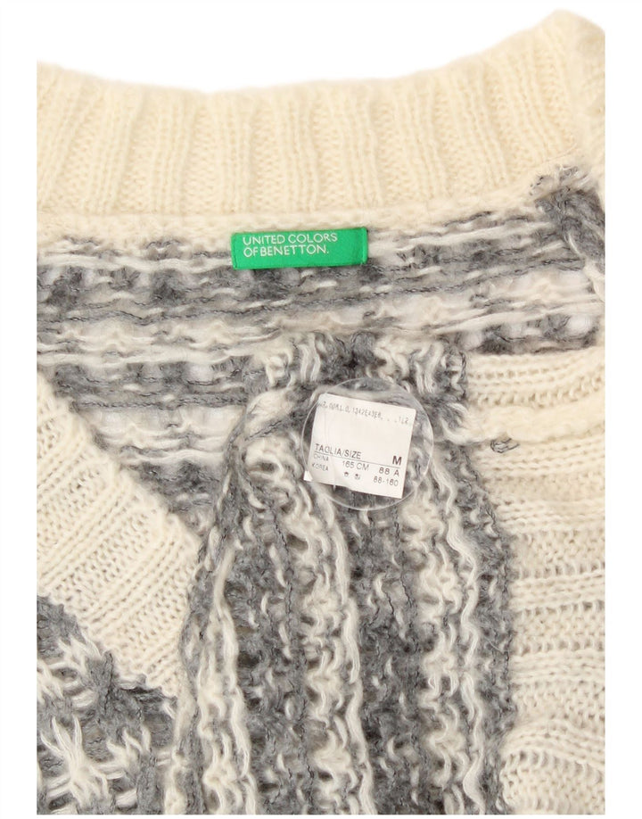 Benetton Damen-Pullover mit V-Ausschnitt, Gr. 14, Mittelgrau mit Hahnentrittmuster