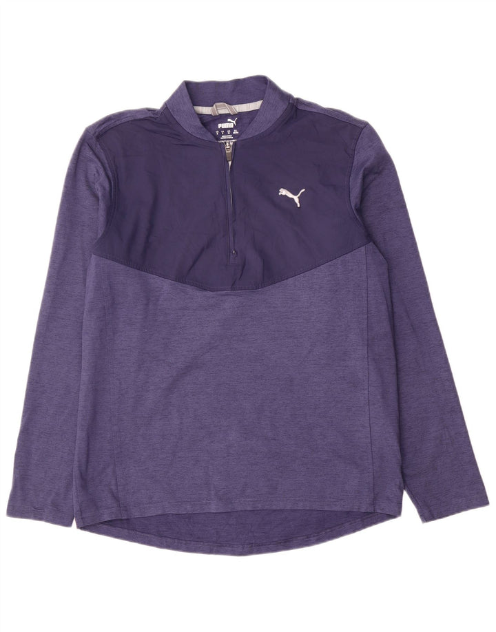 Puma Mens Zip Neck Top Manga Longa Pequeno Azul Colorblock Poliéster