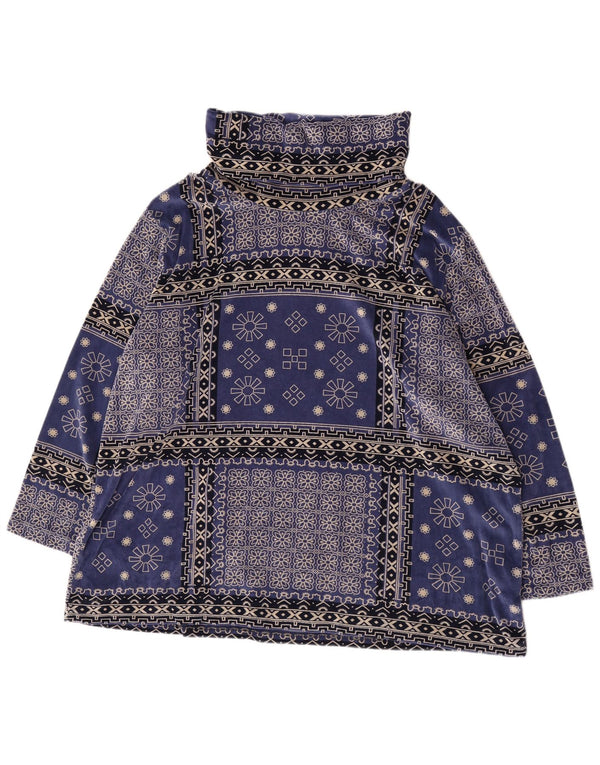 Vintage Damen Samt Top Langarm UK 20 2XL Blau geblümte Baumwolle