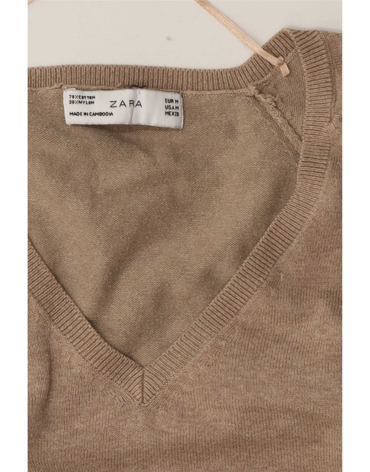 Zara Womens V-Neck Jumper Sweater UK 14 Medium Brown Cotton