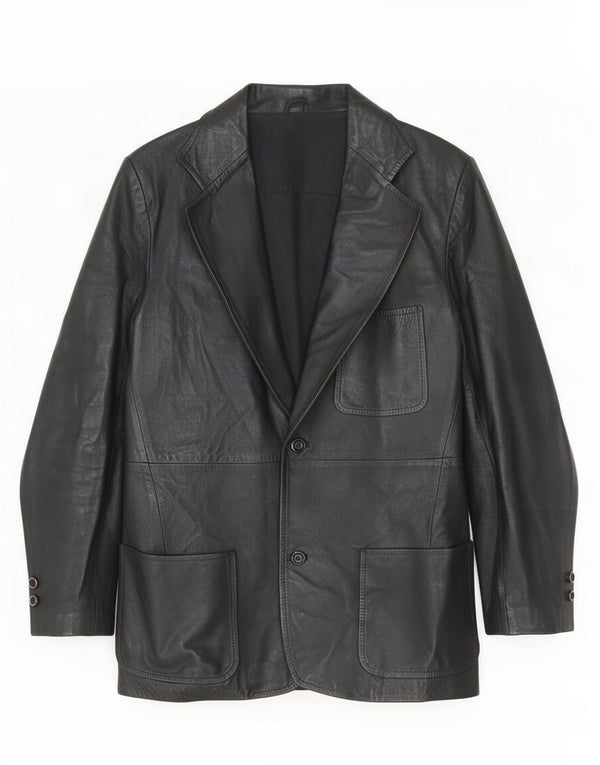 vintage Femme 2 Boutons Veste Blazer En Cuir IT 48 Moyen Noir