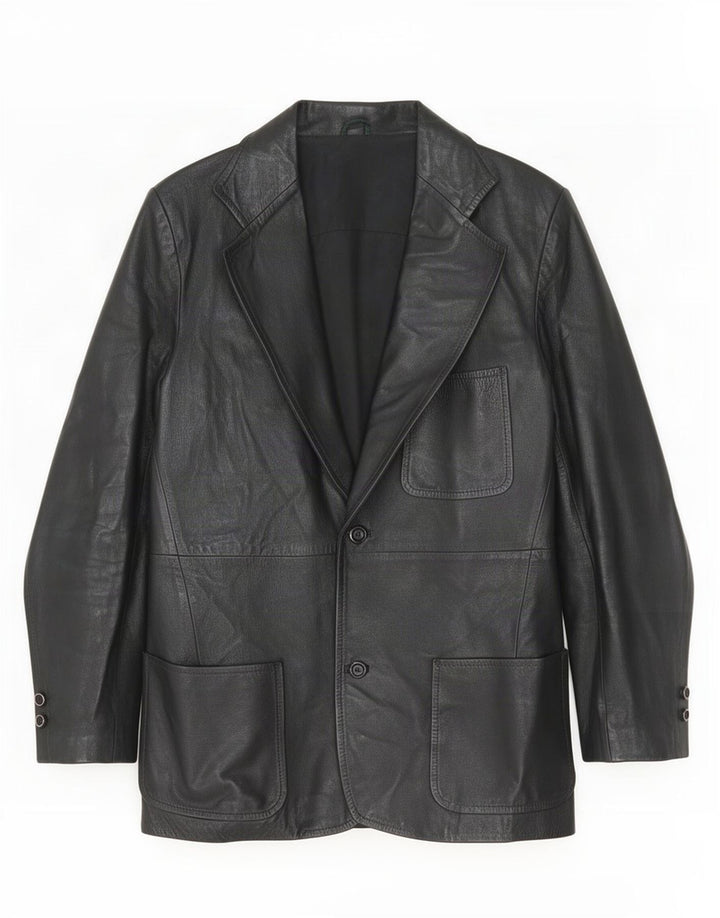 vintage Femme 2 Boutons Veste Blazer En Cuir IT 48 Moyen Noir