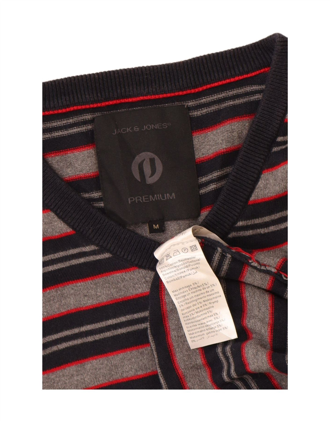 Jack & Jones Mens V-Neck Jumper Sweater Medium Grey Striped Cotton