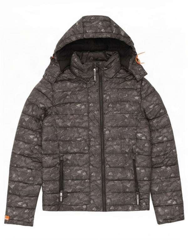 Superdry Womens Hooded Padded Jacket UK 14 Medium Grey Camouflage Polyester