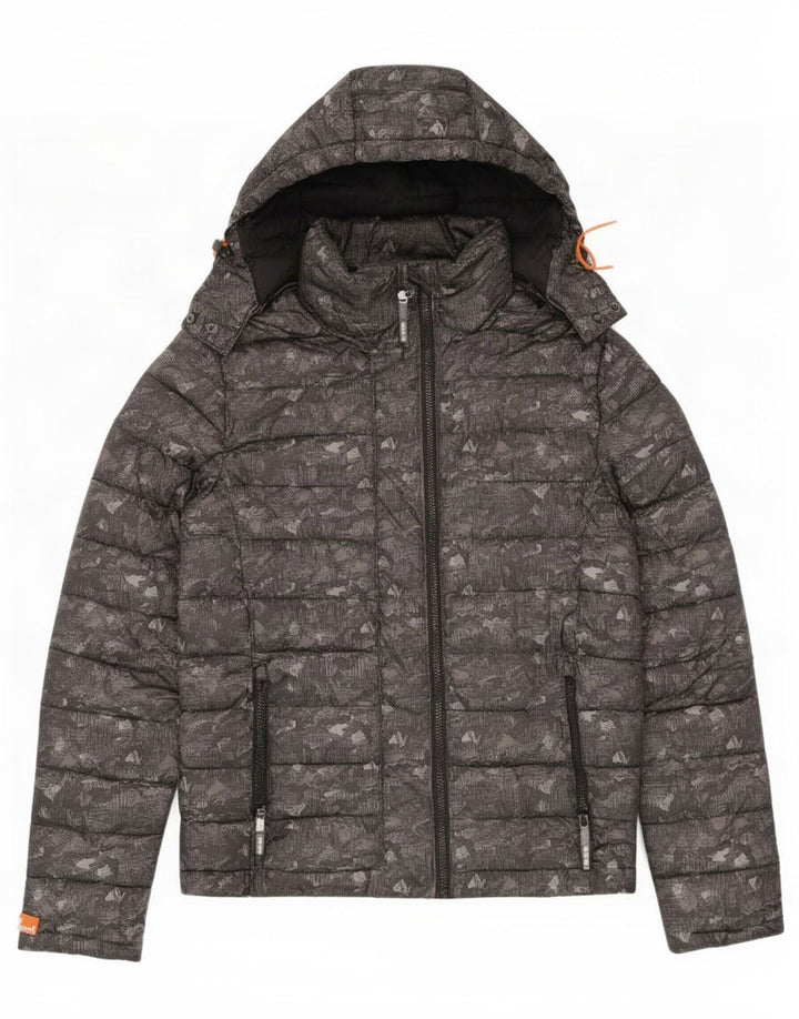 Superdry Womens Hooded Padded Jacket UK 14 Medium Grey Camouflage Polyester