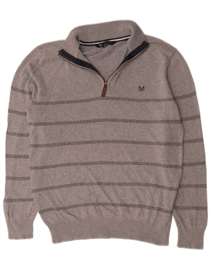 Crew Clothing Mens Zip Neck Jumper Sweater Medium Grey Striped Cotton