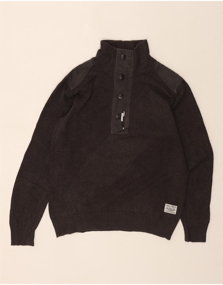 JACK & JONES Mens Button Neck Jumper Sweater Large Grey Cotton Vintage Jack & Jones and Second-Hand Jack & Jones from Messina Hembry 