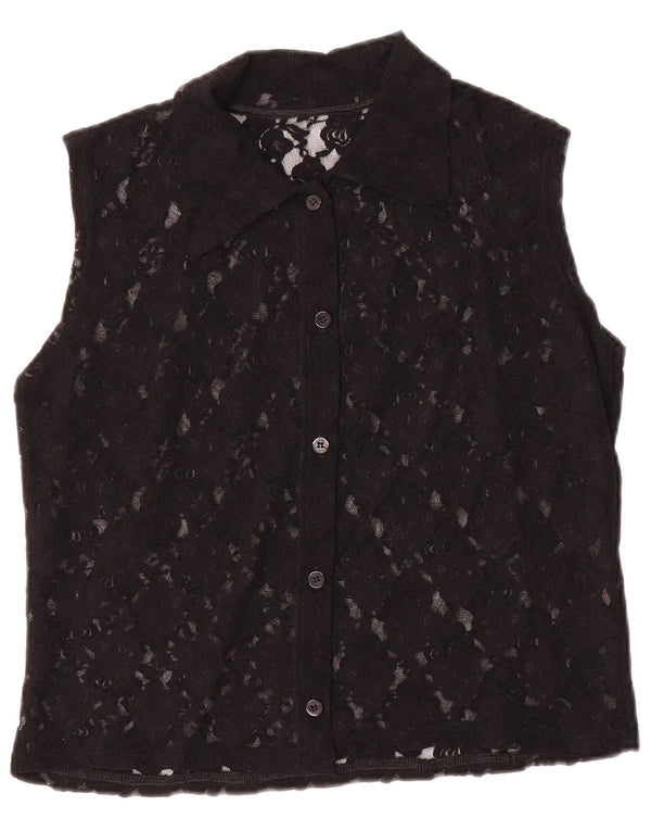 Vintage Womens Crop se gennem ærmeløs skjortebluse UK 8 Small Black