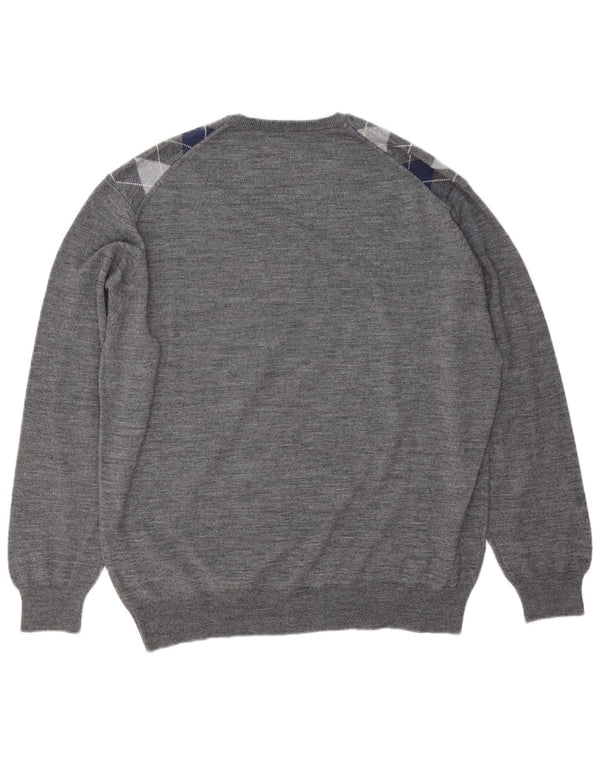 Il Granchio Mens V-Neck Jumper Sweater Large Grey Argyle/Diamond Wool