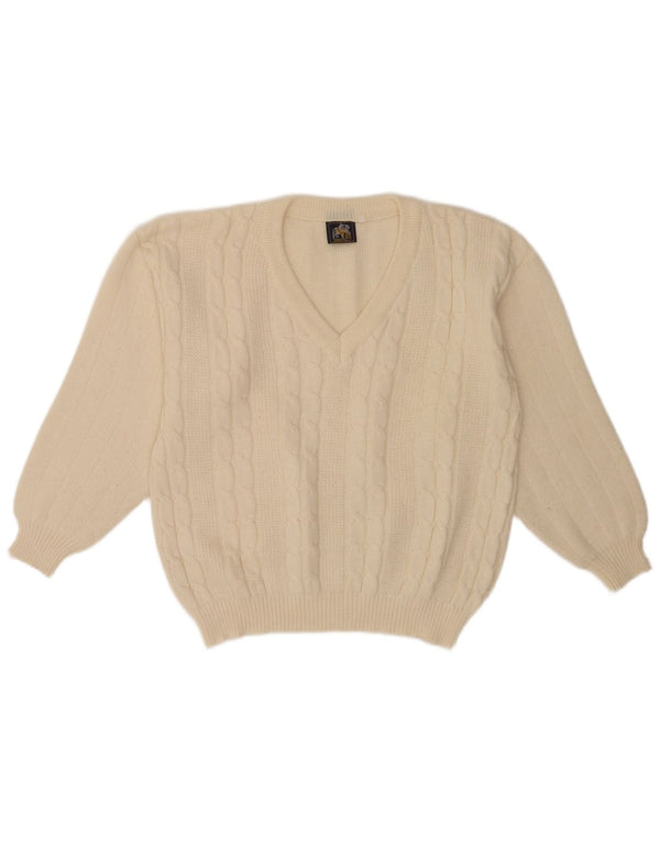 Vintage Herren-Pullover mit normaler Passform, V-Ausschnitt, mittelgroß, cremefarben, klassisch