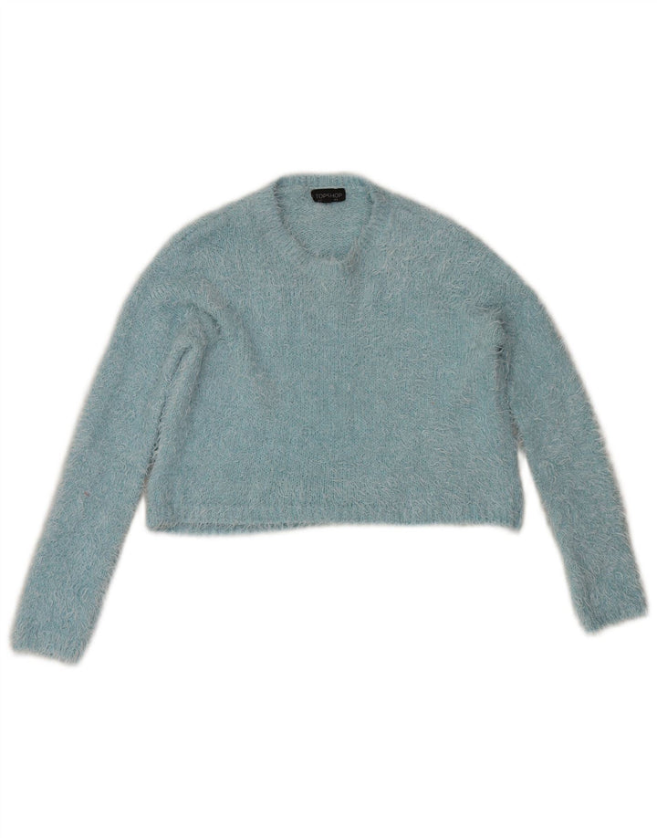 Topshop Womens Crop Crew Neck Jumper Sweater UK 8 Small Blue Polyester