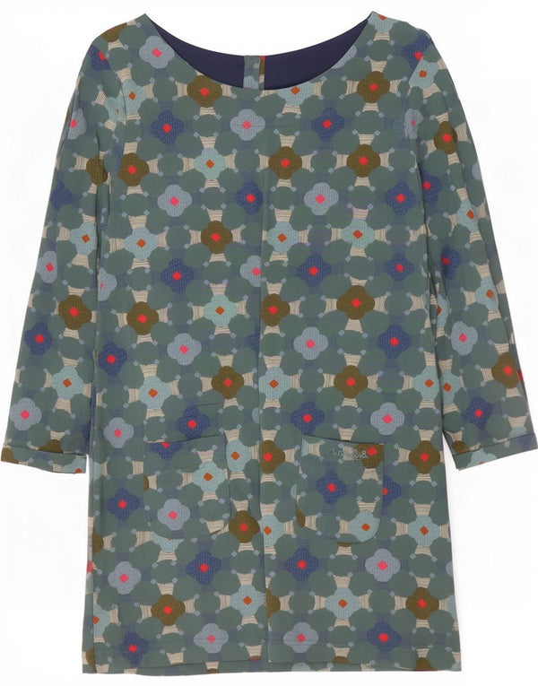 Abito a trapezio a maniche lunghe da donna Weird Fish UK 14 Cotone floreale verde medio
