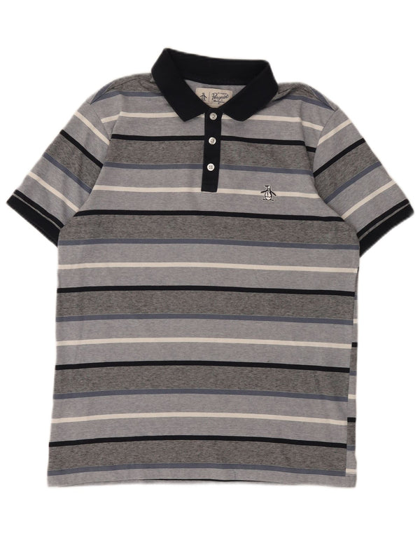 Penguin Mens Polo Shirt Medium Grey Striped Cotton