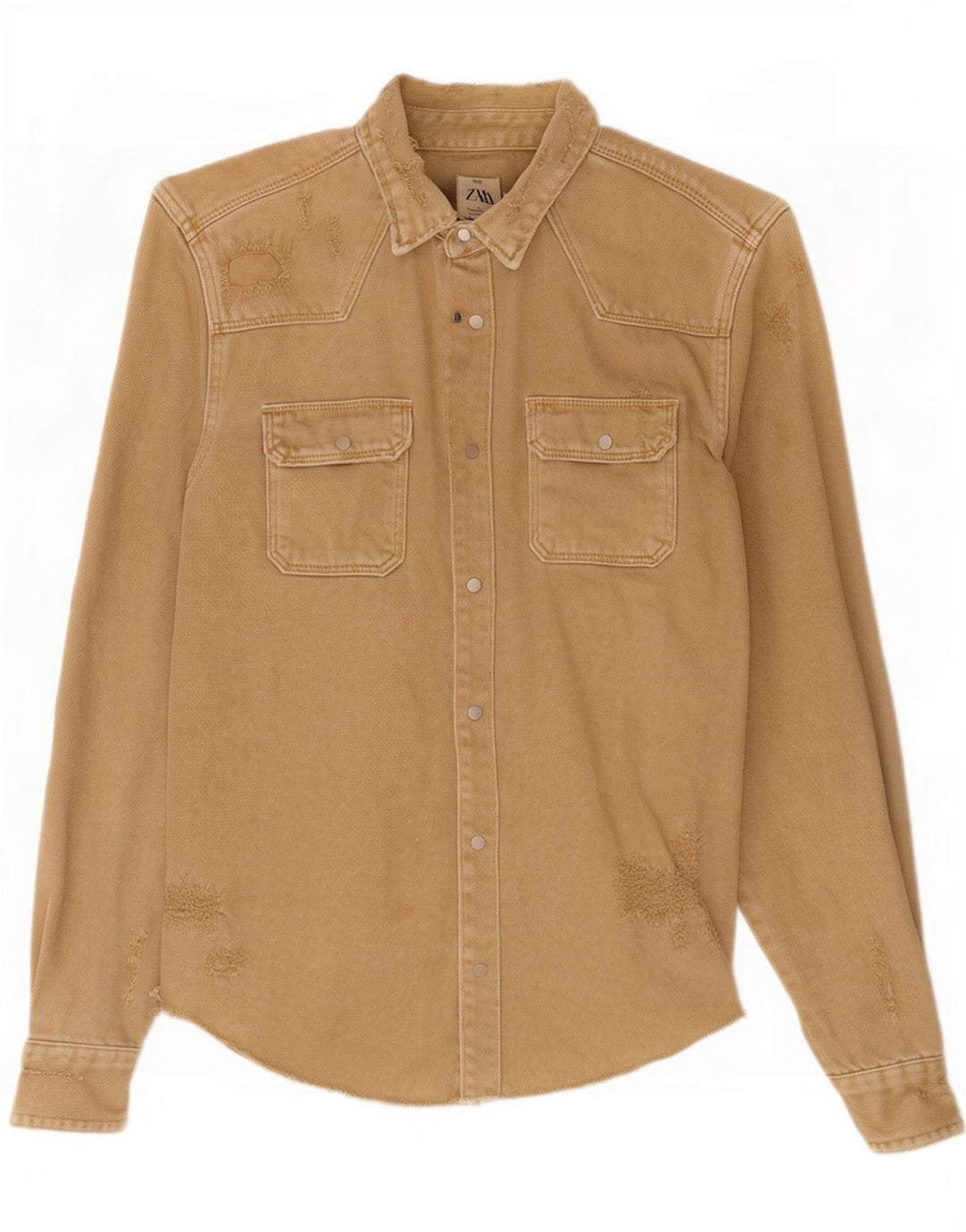 Zara Herren-Jeanshemd im Distressed-Look, mittelbraune Baumwolle