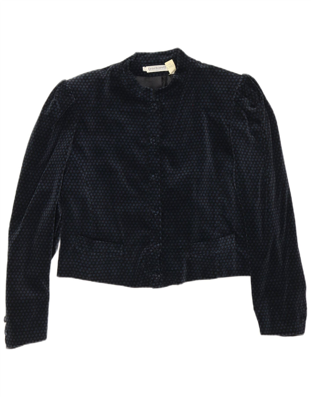 Giacca blazer a 6 bottoni corta da donna Cacharel US 10 grande blu navy a pois