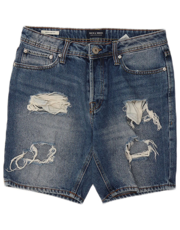 Jack & Jones Mens Distressed Regular Fit Denim Shorts Small W28 Blue Cotton