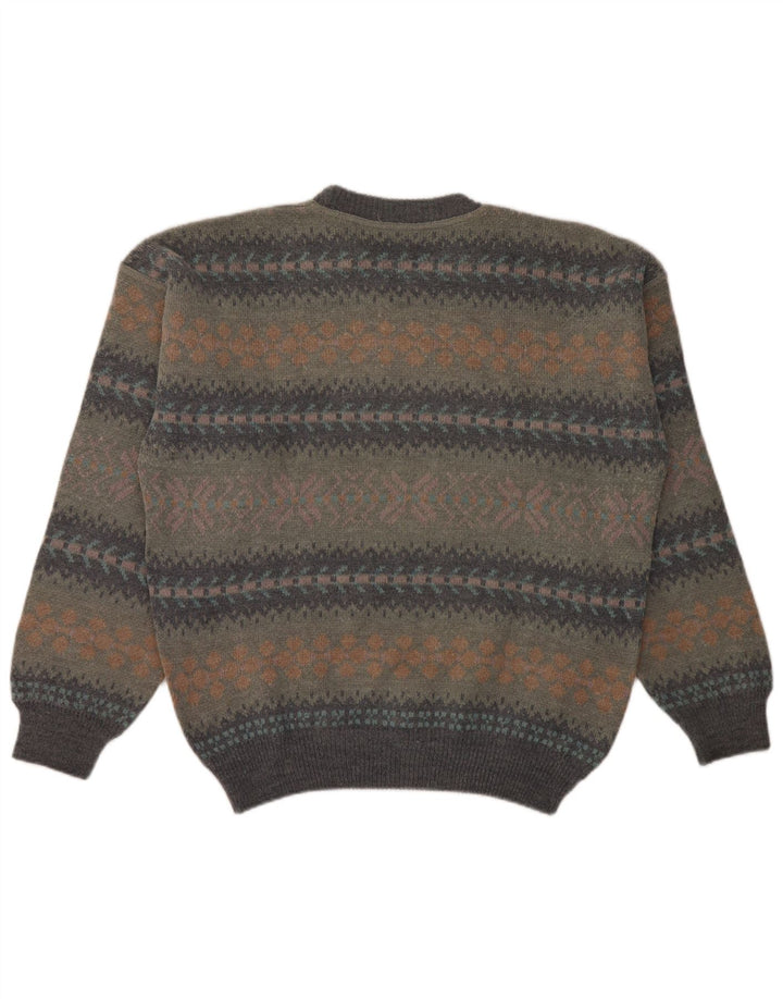 Vintage Mens Crew Neck Jumper Sweater Large Grey Fair Isle Wool
