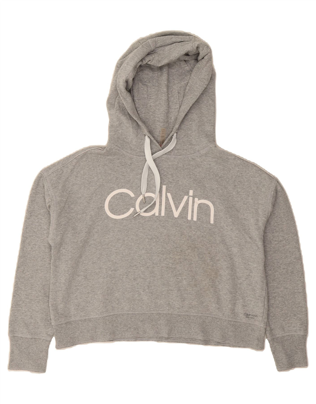 CALVIN KLEIN Womens Graphic Crop Hoodie Jumper UK 14 Medium Grey Cotton Vintage Calvin Klein and Second-Hand Calvin Klein from Messina Hembry 