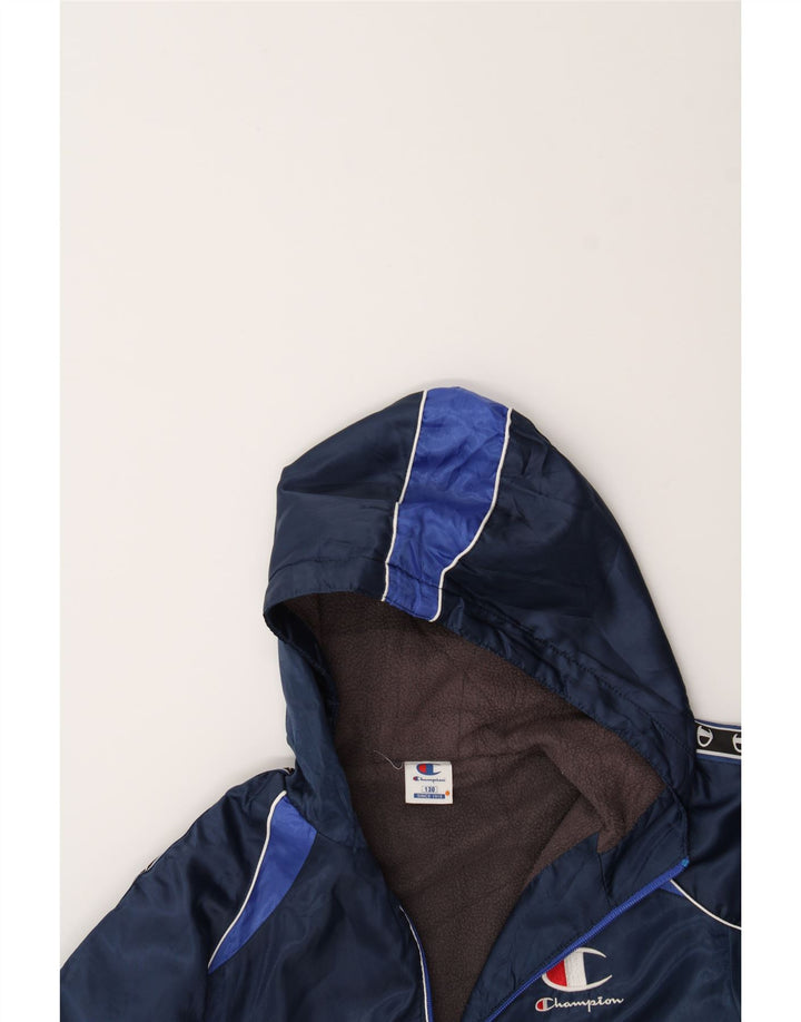 CHAMPION Boys Graphic Hooded Windbreaker Jacket 9-10 Years Navy Blue Vintage Champion and Second-Hand Champion from Messina Hembry 