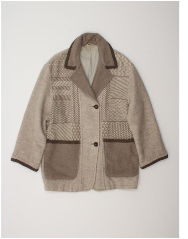Vintage Damen Loose Fit Overcoat UK 8 Small Beige Geometrische Wolle