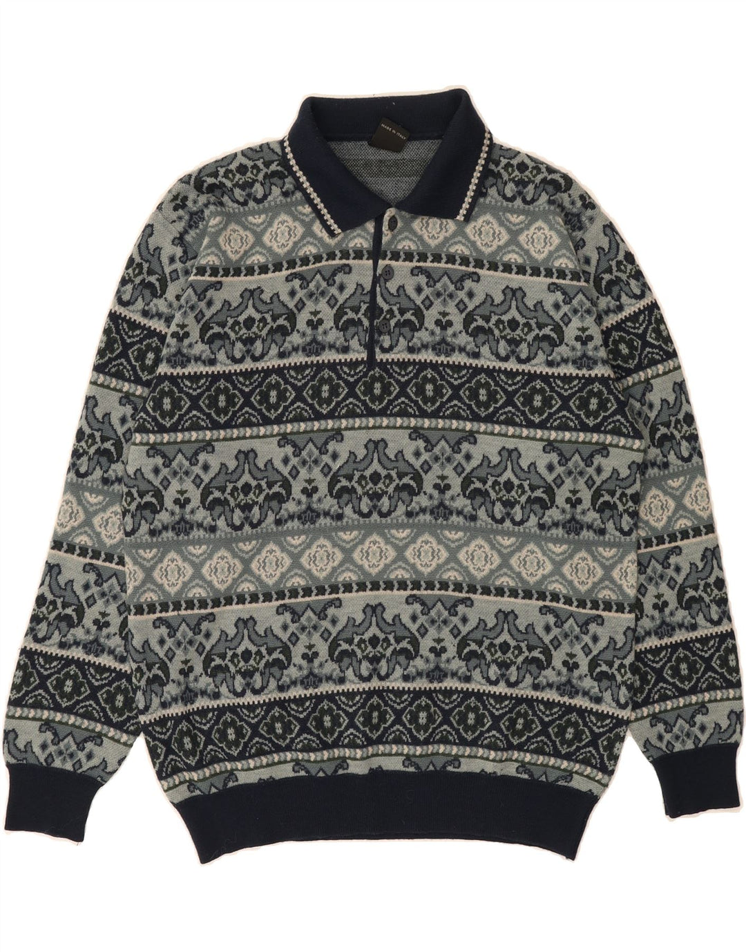 MAPIER Mens Polo Neck Jumper Sweater Medium Grey Fair Isle Wool Vintage Mapier and Second-Hand Mapier from Messina Hembry 