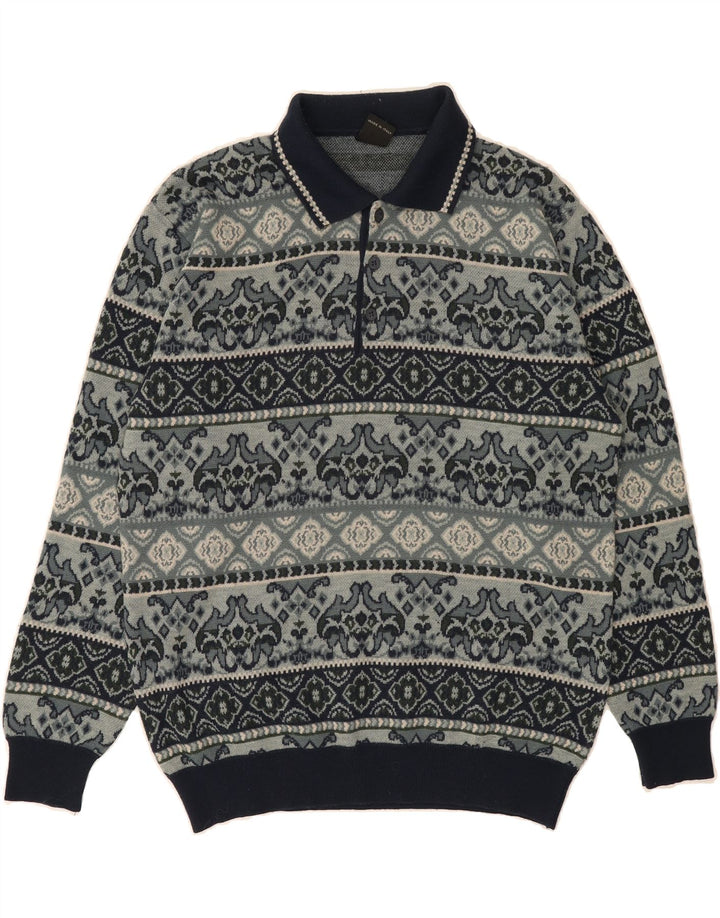 MAPIER Mens Polo Neck Jumper Sweater Medium Grey Fair Isle Wool Vintage Mapier and Second-Hand Mapier from Messina Hembry 