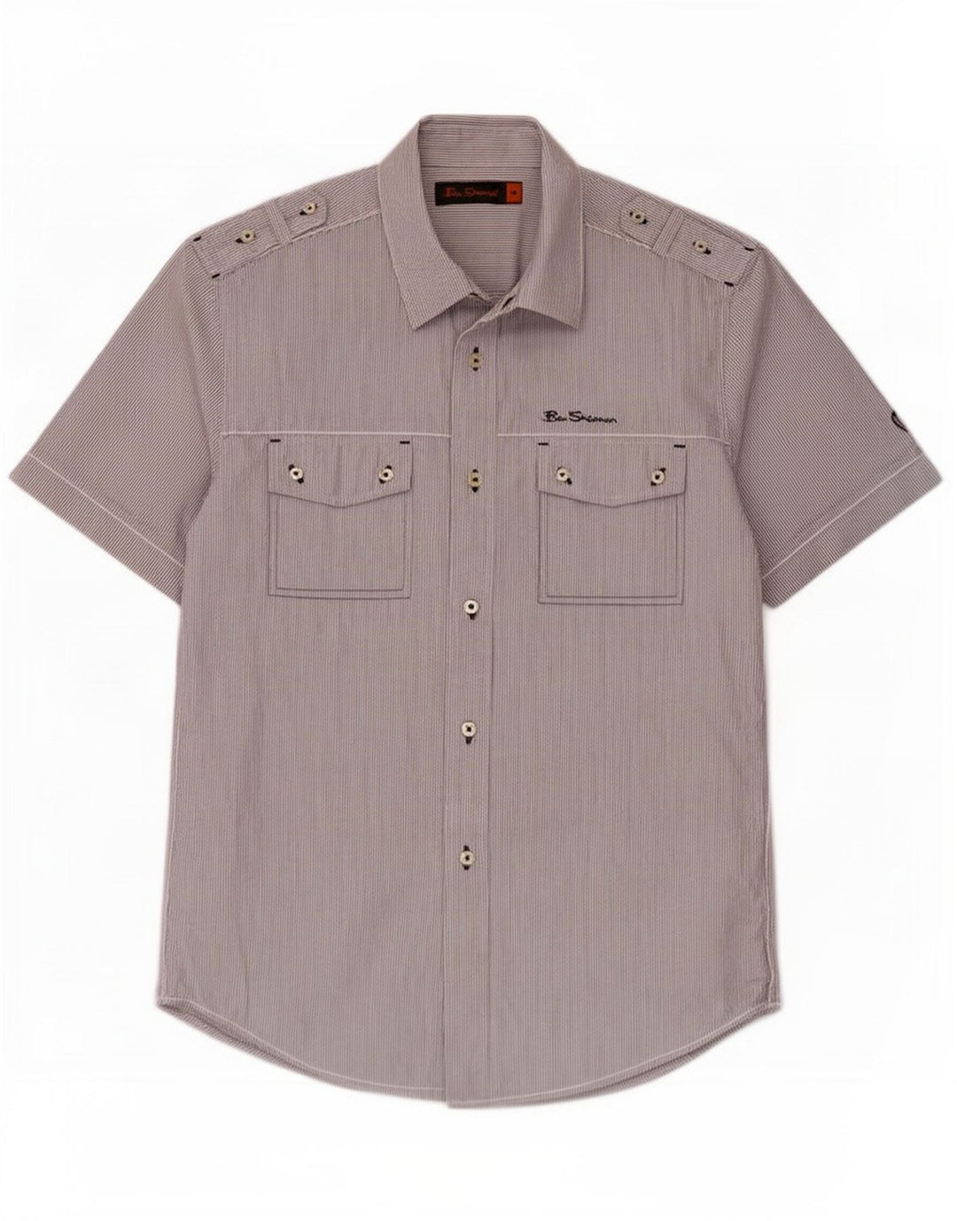 Ben Sherman Mens Short Sleeve Military Shirt Medium Grey Striped Cotton
