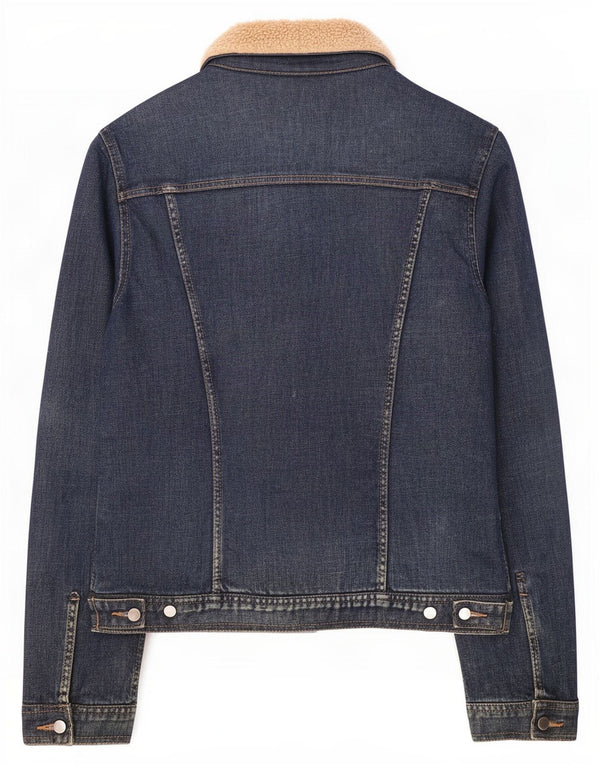 Benetton Womens Denim Sherpa Jacket UK 14 Large Navy Blue Colourblock