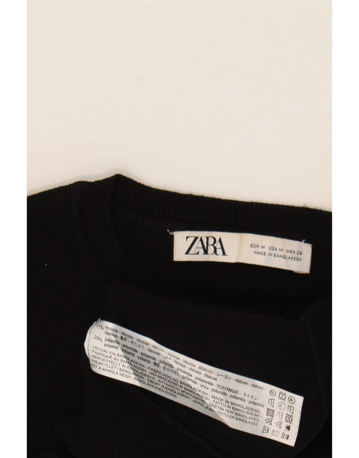 Zara Damen Crop Top Langarm UK 12 Medium Schwarz Viskose
