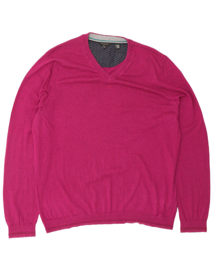 TED BAKER Mens V-Neck Jumper Sweater Size 6 2XL Pink Wool