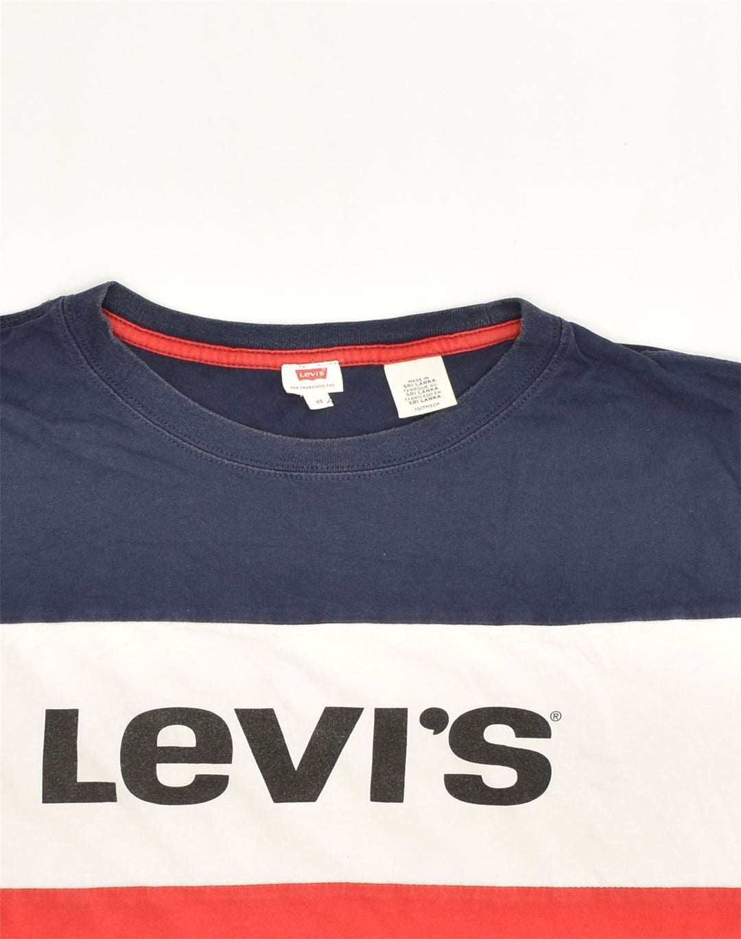LEVI'S Womens Crop Graphic T-Shirt Top UK 4 XS Navy Blue Colourblock | Vintage Levi's | Thrift | Second-Hand Levi's | Used Clothing | Messina Hembry 