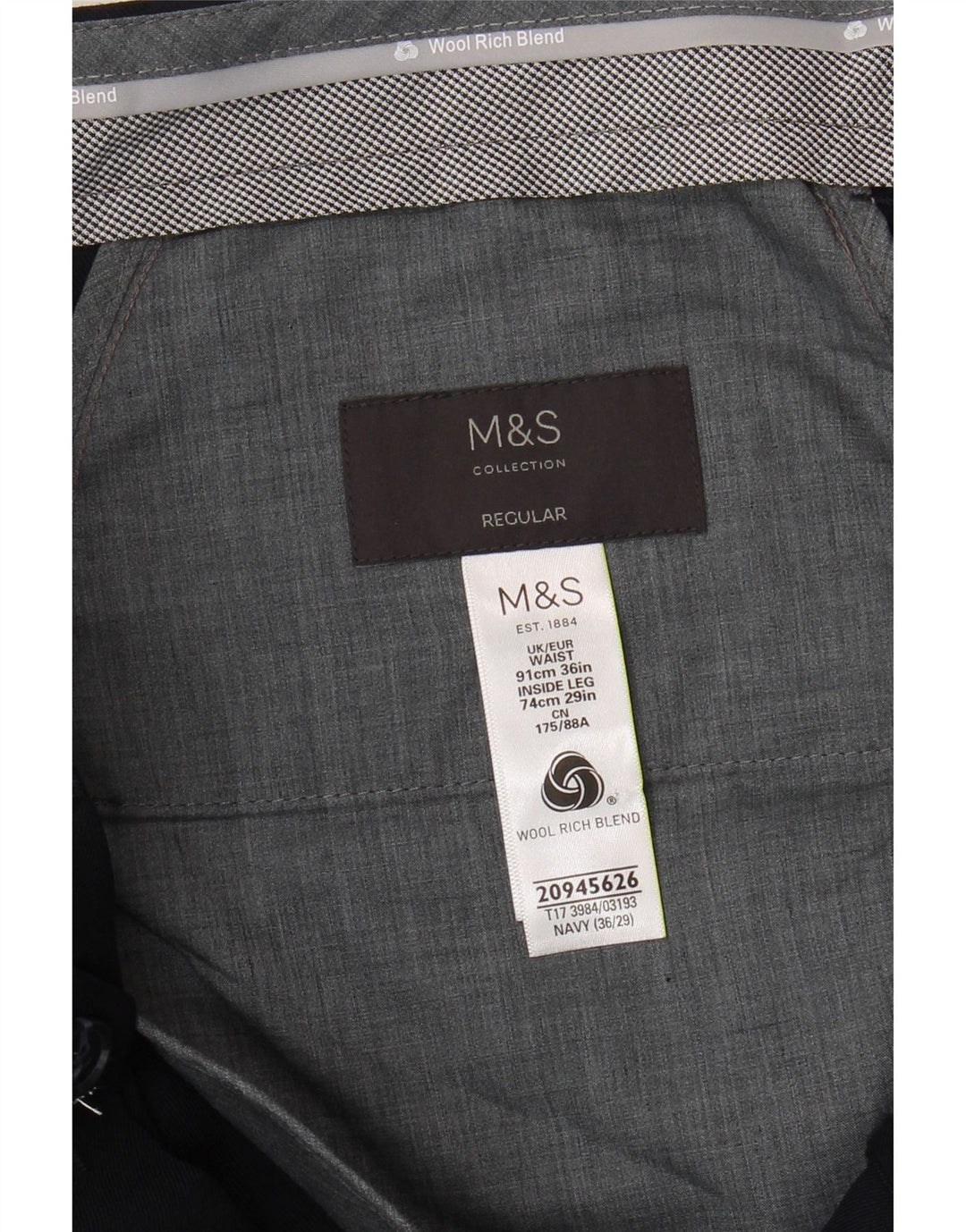 Calça masculina MARKS & SPENCER com ajuste regular W36 L29 azul marinho
