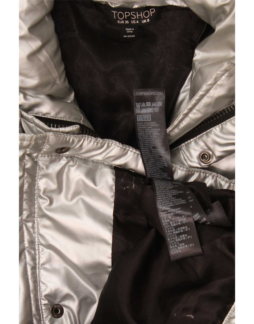 Topshop Veste matelassée surdimensionnée pour femme UK 8 Small Argent Polyéthylène