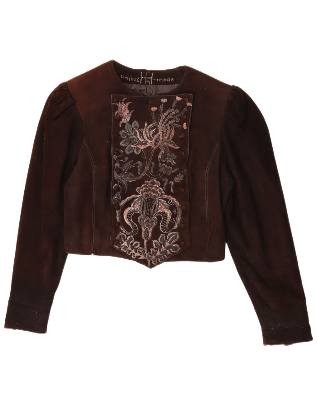 Vintage Womens Crop Suede Jacket UK 14 Medium Brown Floral