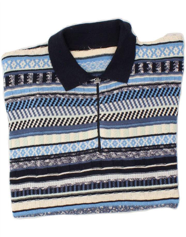 VINTAGE Mens Polo Neck Jumper Sweater Large Blue Striped