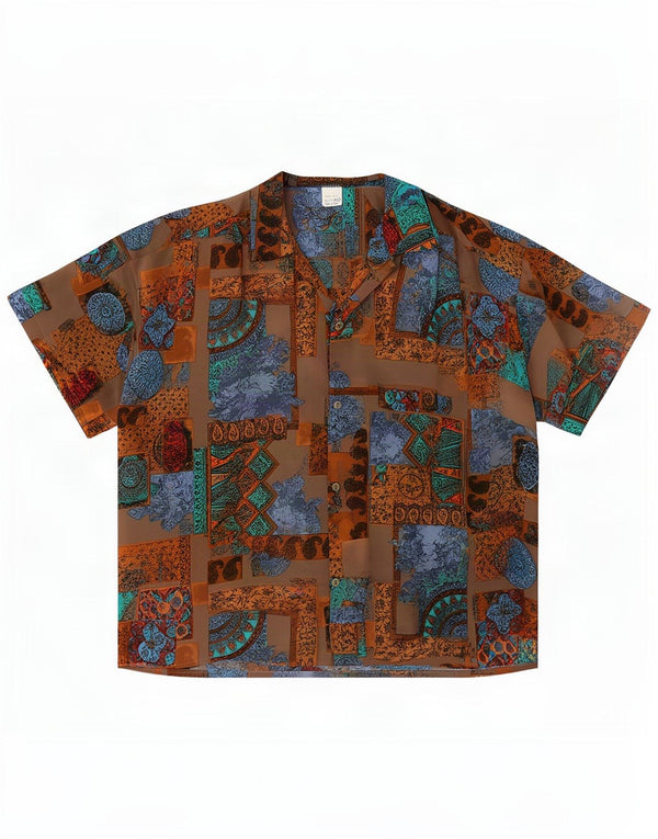 Vintage mujer camisa de manga corta blusa Reino Unido 20 2XL marrón patchwork seda