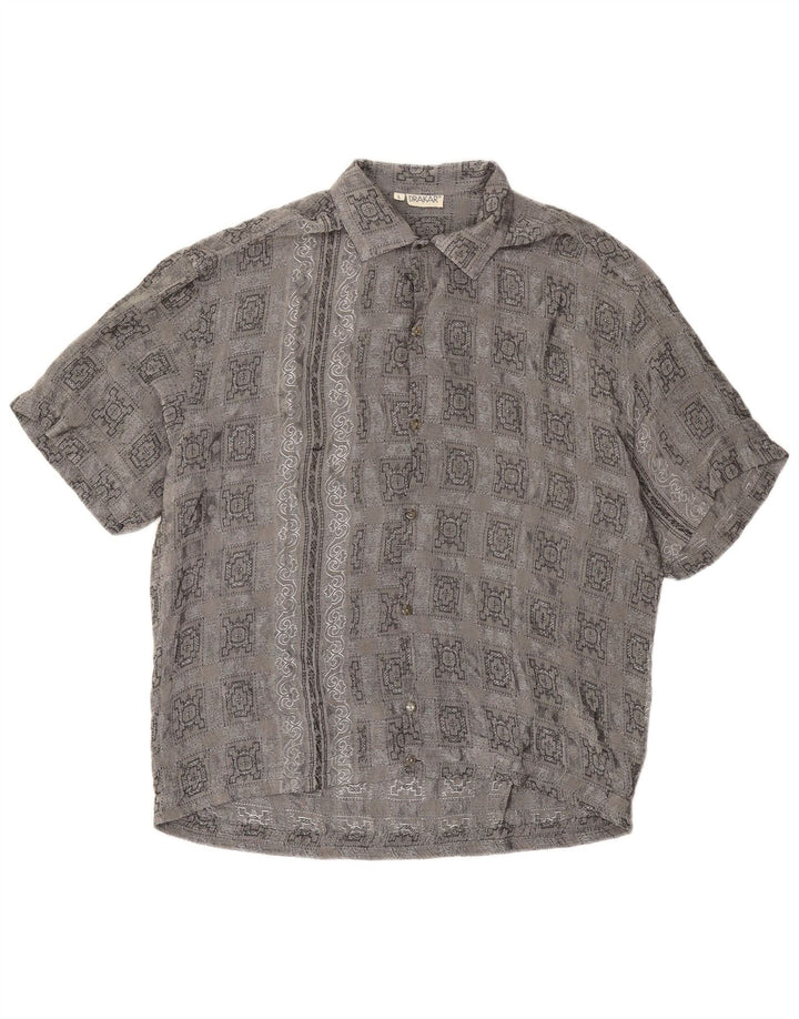 Camisa masculina vintage de manga curta grande acetato xadrez cinza