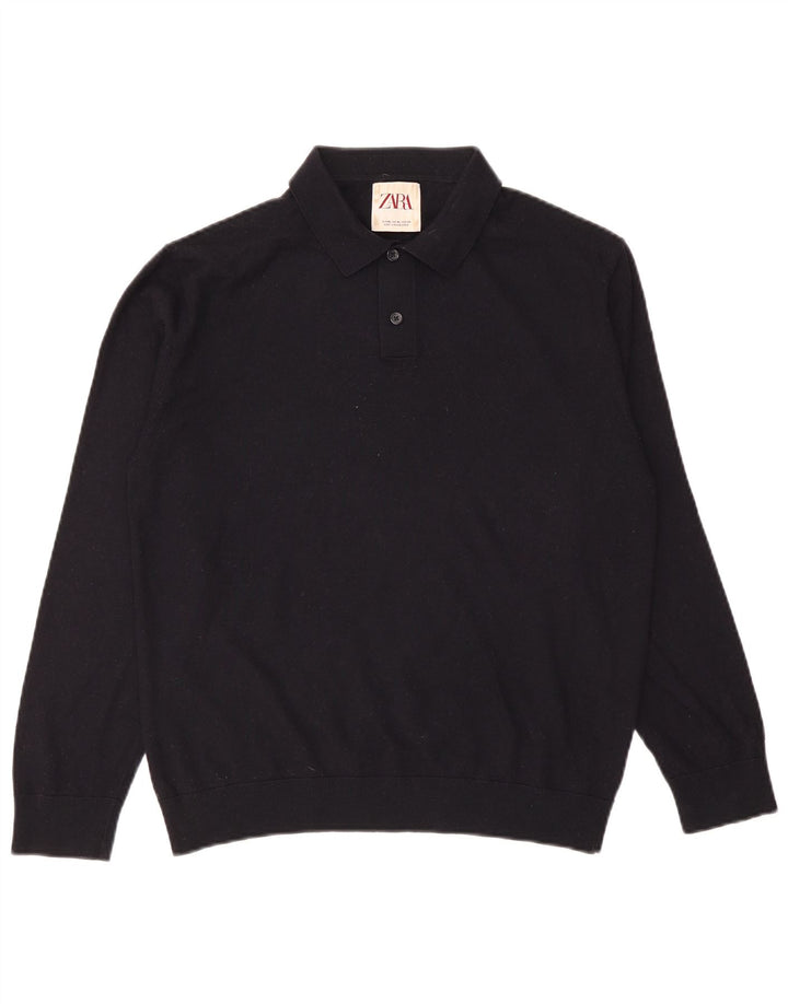 Zara Mens Polo Neck Jumper Sweater XL Navy Blue Wool
