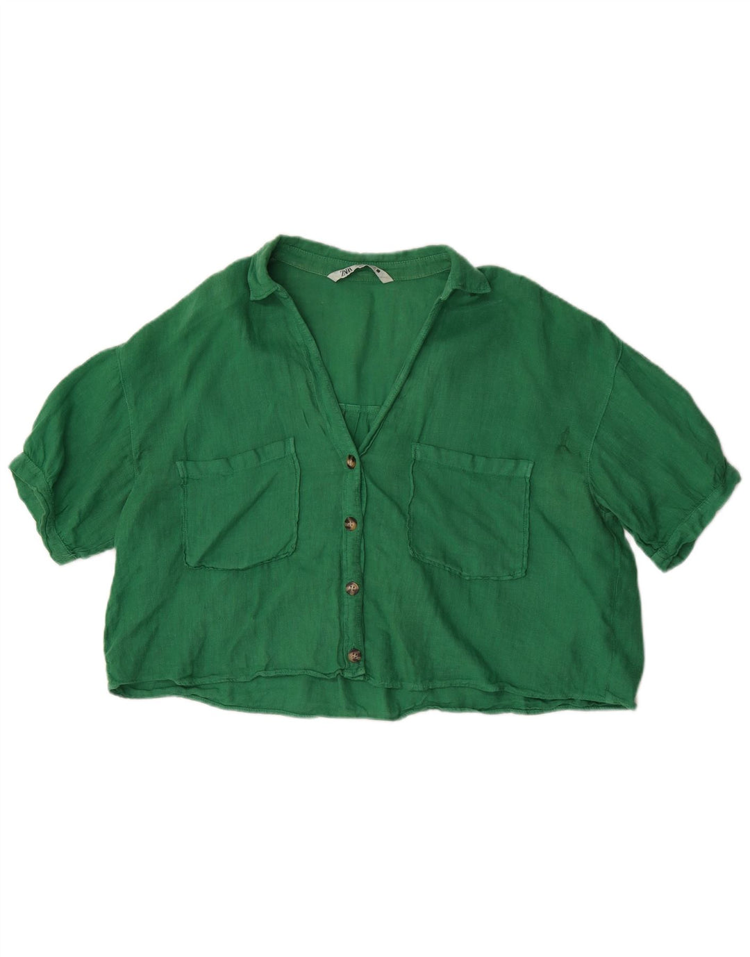 Zara Womens Oversized Crop Short Sleeve Shirt Blouse UK 14 Medium Green
