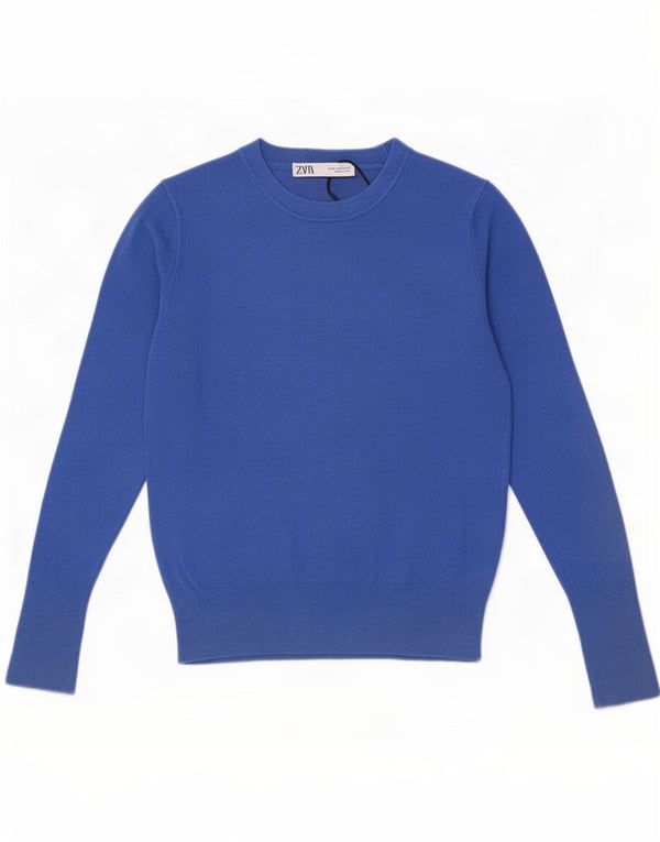 Suéter feminino Zara com gola canoa UK 12 viscose azul médio