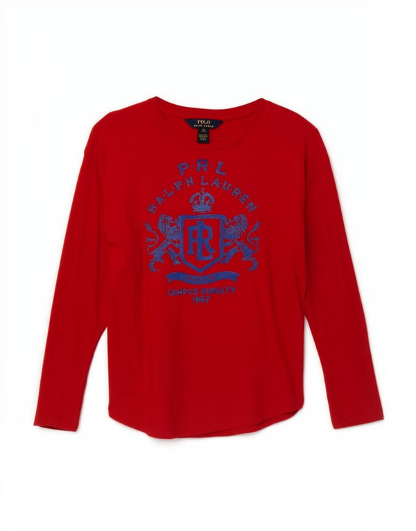 Polo Ralph Lauren Girls Graphic Top Long Sleeve 8-9 Years Medium Red Cotton