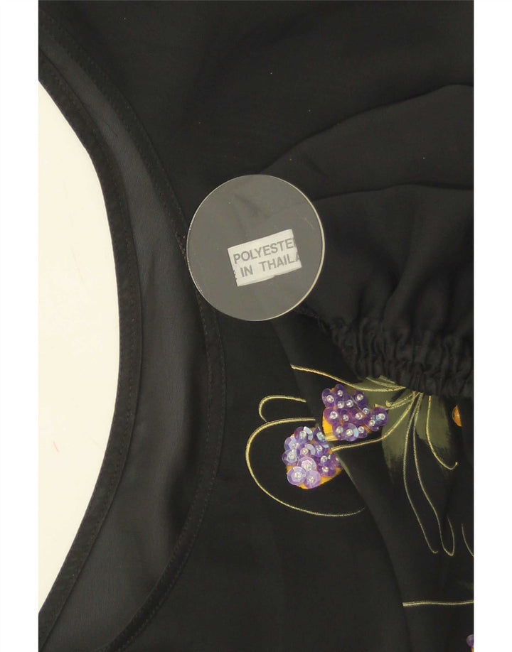 Vintage Womens Crop Bluse Top UK 16 Large Black Floral Polyester