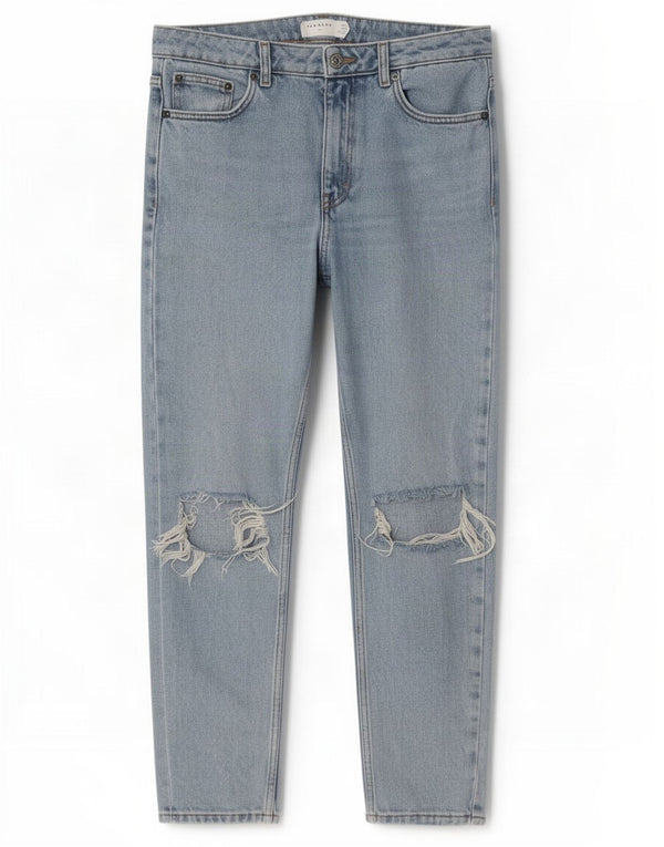 Topshop Dame Mom Distressed High Waist Jeans W28 L30 Blue Cotton