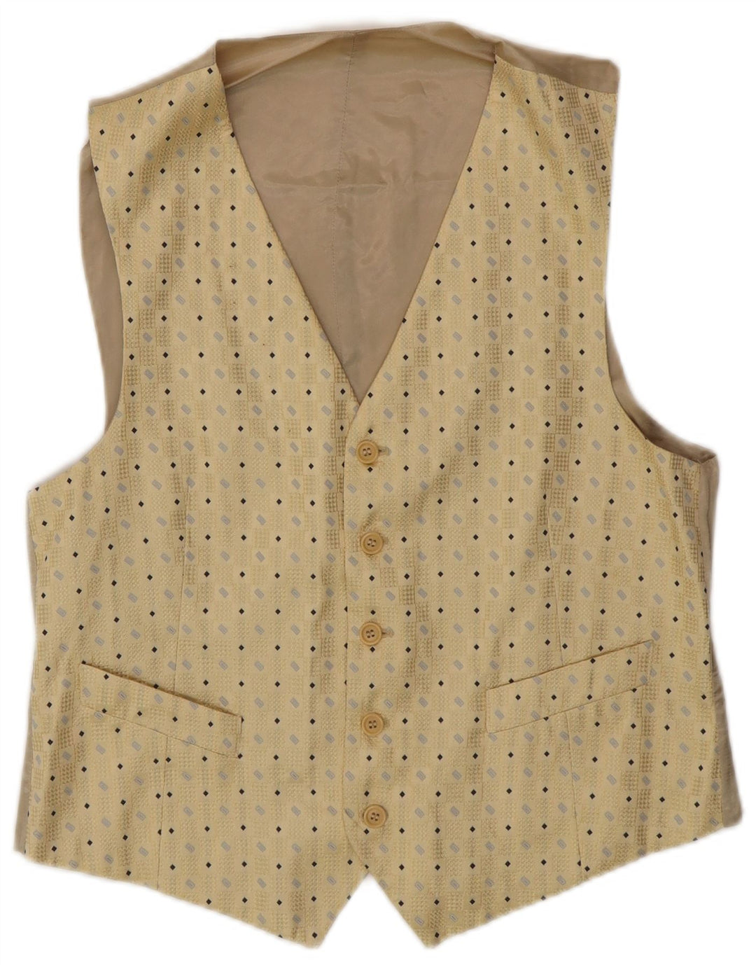 Vintage Mens Waistcoat IT 50 Medium Beige Geometric Silk