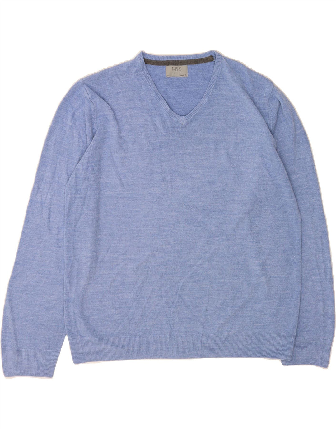 MARKS & SPENCER Mens Regular Fit V-Neck Jumper Sweater XL Blue Acrylic Vintage Marks & Spencer and Second-Hand Marks & Spencer from Messina Hembry 