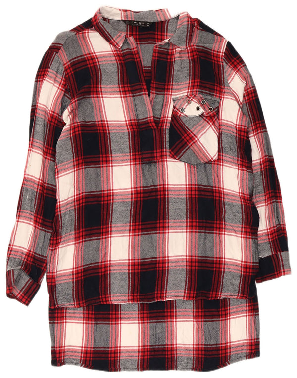 Zara Womens Longline Pullover Flannel Shirt UK 14 Medium Red Check Viscose