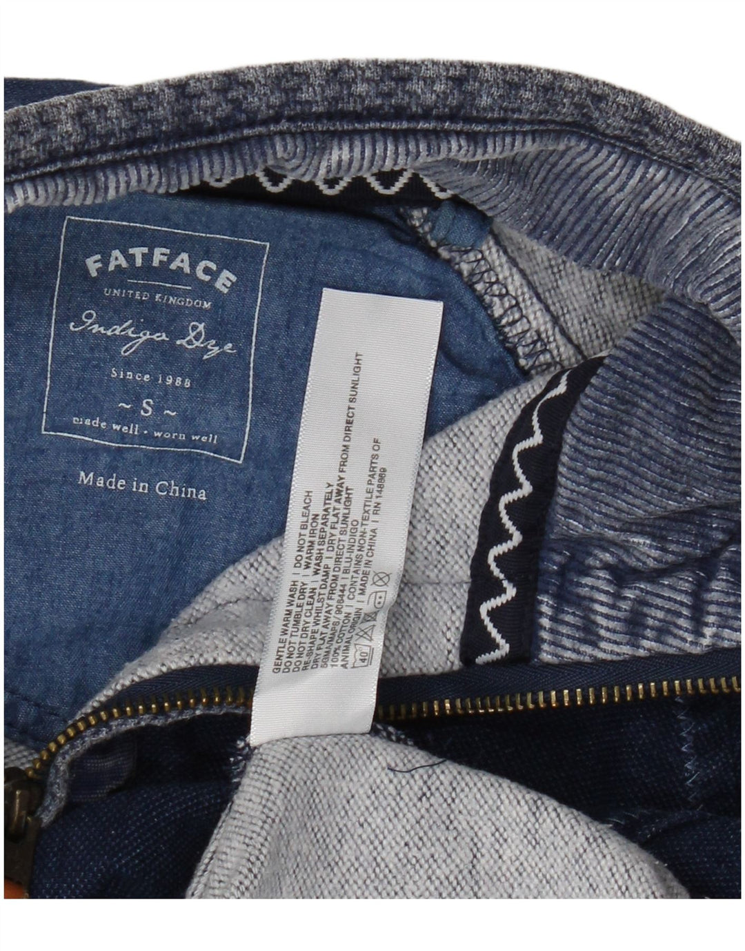Fat Face Mens Indigo Zip Neck Sweatshirt Jumper Small Blue Cotton