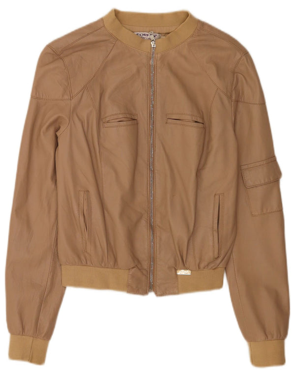 Forpen Womens Crop Leather Bomber Jacket UK 10 Small Beige